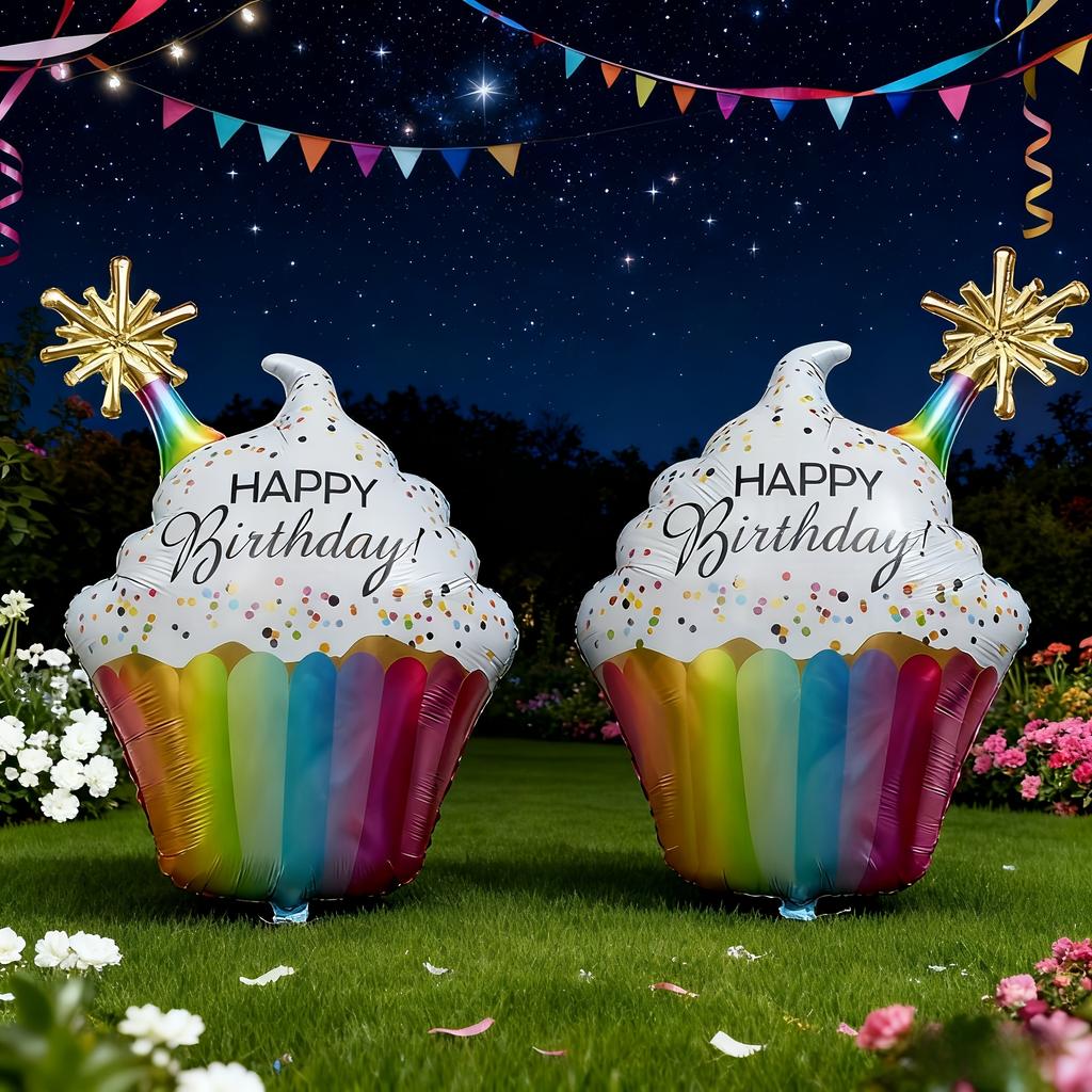 2Pcs Happy Birthday Rainbow Paper Cup Cake Shaped Aluminum Foil Balloon Birthday Party Decoration