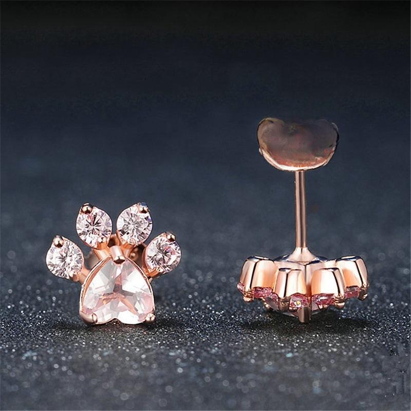 Rose Gold Zircon Cat Paw Earrings: Cute, Unique Design