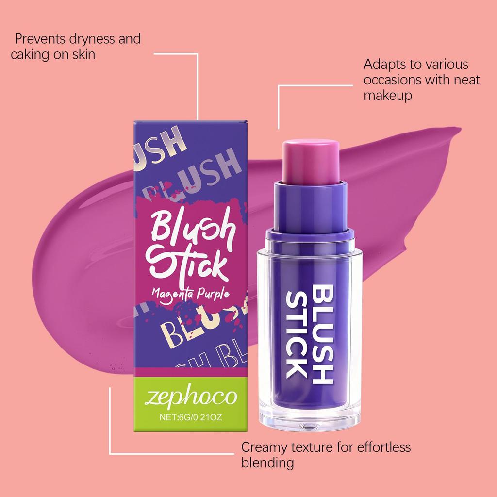 Zephoco Rose Purple Silky Blush Stick - Moisturizing, Long-Lasting Contour Makeup.