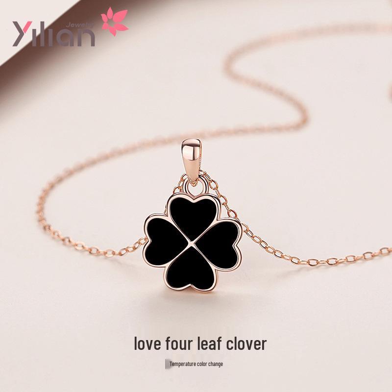 Double-Sided Four-Leaf Clover Heart Necklace: Sterling Silver Clavicle Chain, Women's Summer Korean Fashion, Mori Style Pendant.