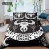 Cow Skull Bed Cover Queen Size Sunflower Cattle/Bull Skeleton Bed Linen Package Botanical Floral Leaves Boho Tribal Polyester Fabric Quilt Cover