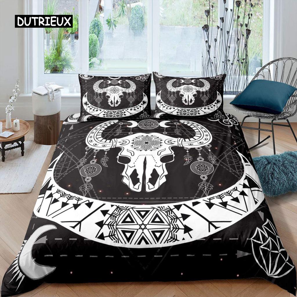 Cow Skull Bed Cover Queen Size Sunflower Cattle/Bull Skeleton Bed Linen Package Botanical Floral Leaves Boho Tribal Polyester Fabric Quilt Cover