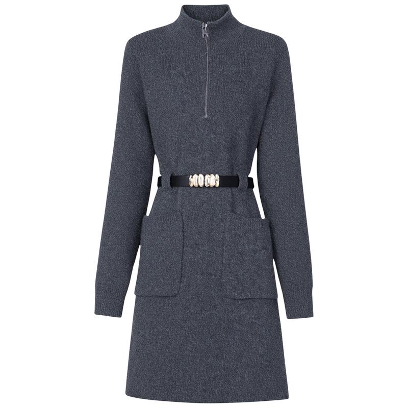 Korean Style Red Knit Zipper Dress for Women - Autumn/Winter 2025