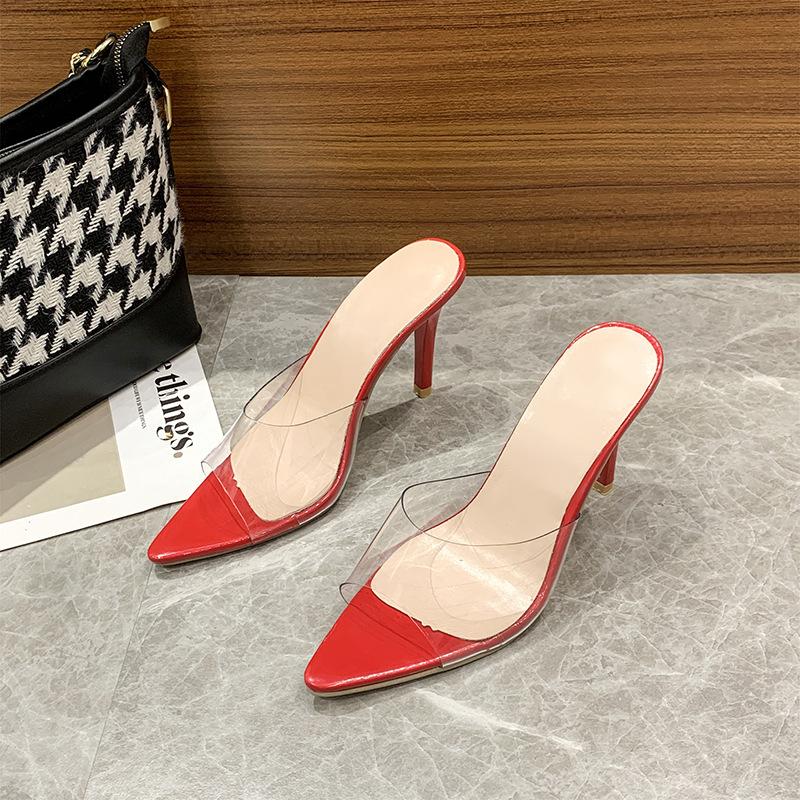 One-word transparent high-heeled sandals, new large-size summer nude thin-heeled fairy-wind nude cool slippers