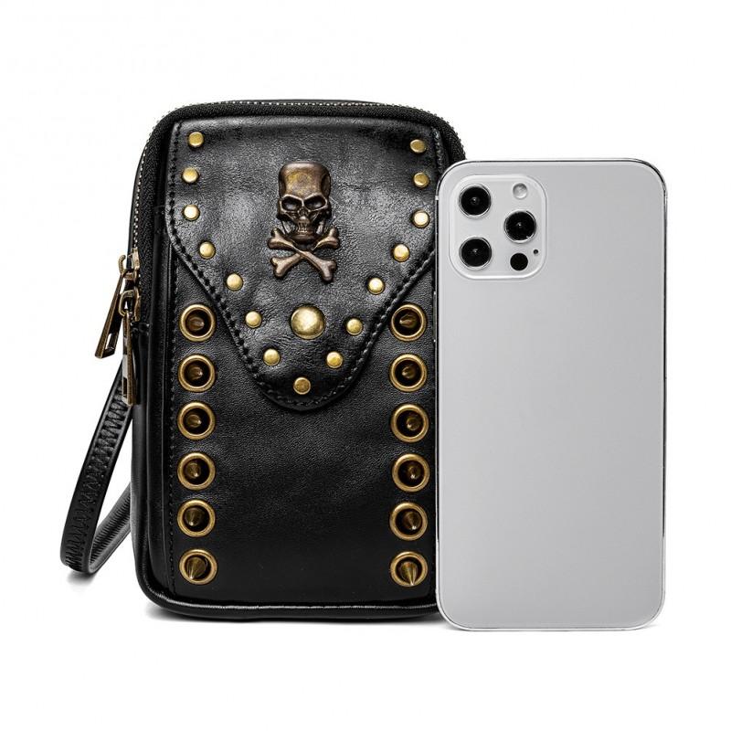Womens Small PU Crossbody Bag With Skull Studs Phone Pocket Vertical Square Shape Daily Use