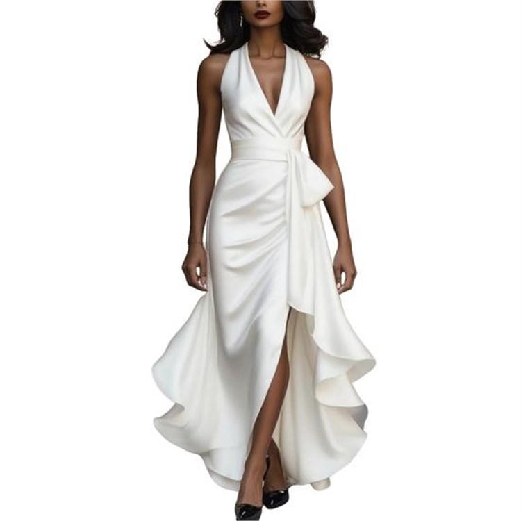 Women Sleeveless V Neck Halter Tie Waist Ruffle Satin High Low Prom Midi Dress Wedding Guest Party Cocktail Dress