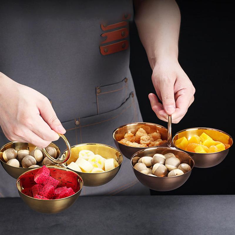 3-Compartment Stainless Steel Snack Bowl With Handle Candy Dish, Dessert Plate & Ornament For Parties, Home, Picnics, Office