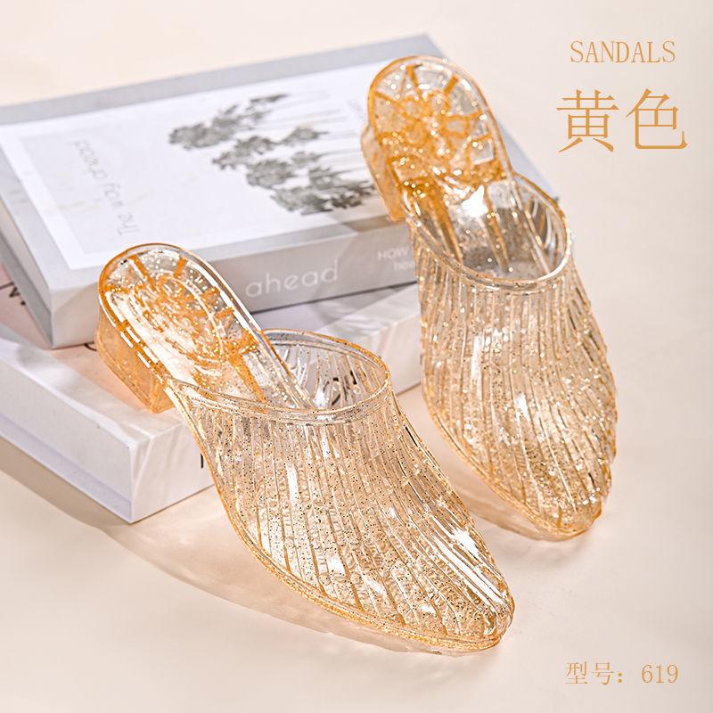 Baotou Sandals for Women Going Out In Summer Versatile Hollow Out Anti Slip Women's Thick Heel Crystal Slippers