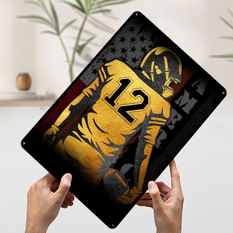 American Football Player With Flag Backdrop Tinplate Poster Customized Wall Art Vintage Metal Signs Retro Tin Plaque for House 20x30cm(7.8x11.8inch)