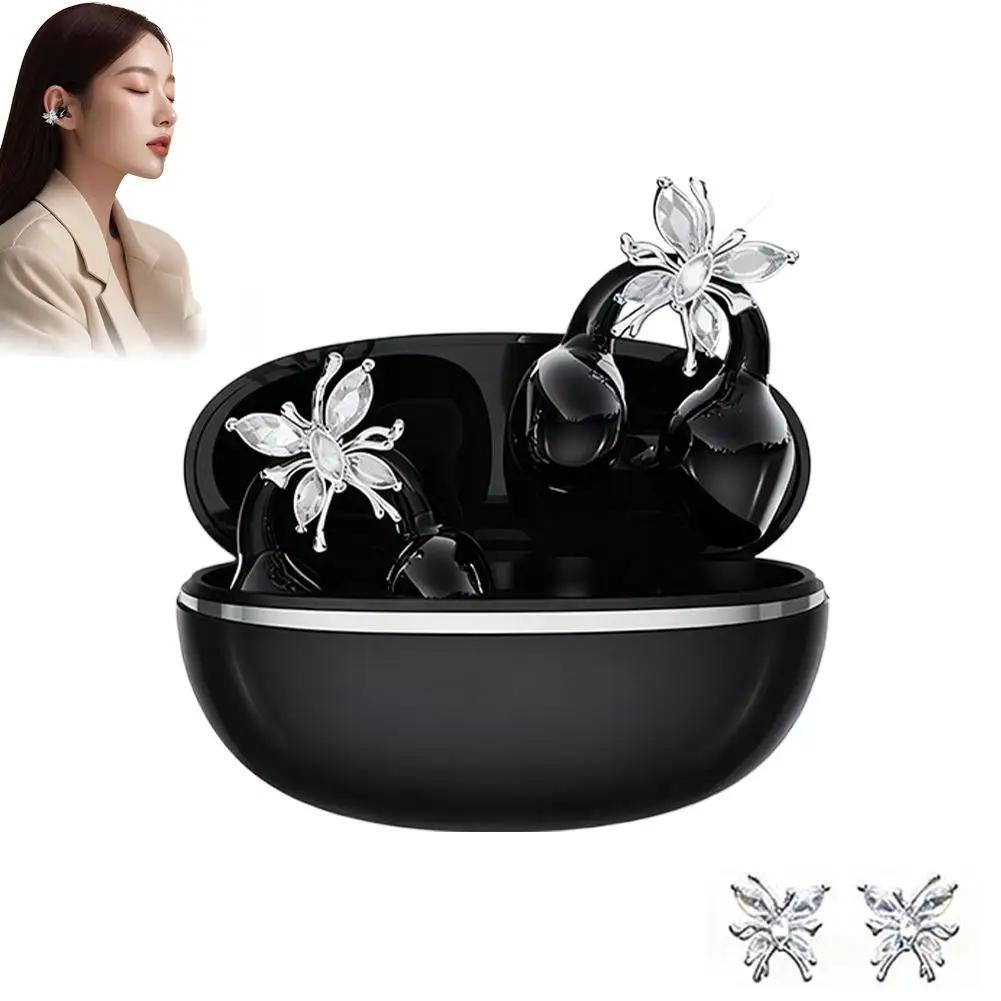 Sports Bluetooth 5.4 Headphones Wireless Ear-clip Earbuds Intelligent Noise Cancellation Earphones Butterfly Diamond Buckle Decor