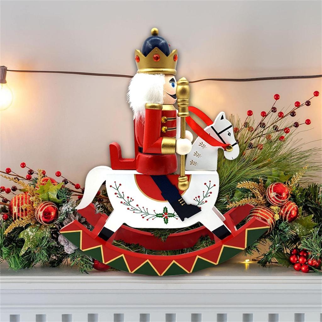 Traditional Wooden Nutcracker Ornament Christmas Decor Walnut Clip Decoration Wooden Rocking Horse Holiday Scene Layout Home