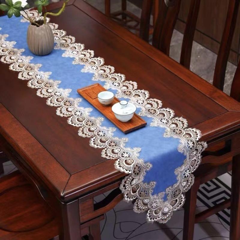 

1pcs Lace Edged Table Runner American Style Light Luxury Waterproof and Oil Resistant PU Long Tablecloth Dining Table Dining Cabinets Cover Cloth 40x100cm 1pcs индиго