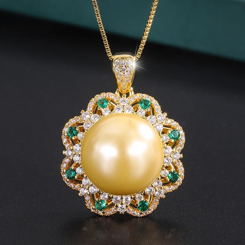 Vintage Inlay Österreichische Perlmutt-Inlay mit Diamanten Blume Damen-Anhänger Halskette 16mm