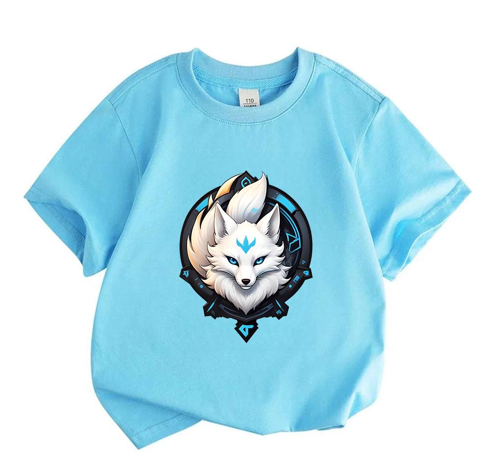 Kids Boys Girls 100% Cotton Short Sleeve T-Shirt, Cool White Nine-Tailed Fox With Blue Neon Mark Print Crew Neck Casual Soft Tee For Children Daily We