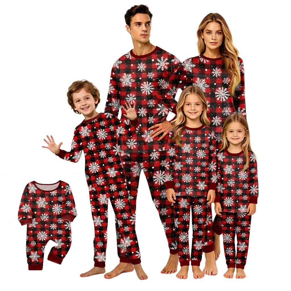Christmas Print Family Matching Pajamas Set, Round Neck Long Sleeve and Pants Loungewear