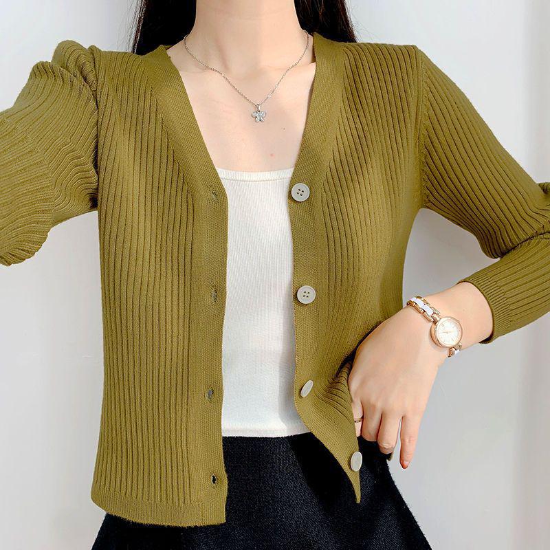 Dámský trendy kardiganový svetr kabát na jaro a podzim - 2025 Ins styl, všestranný pletený krátký top s malou šálou.