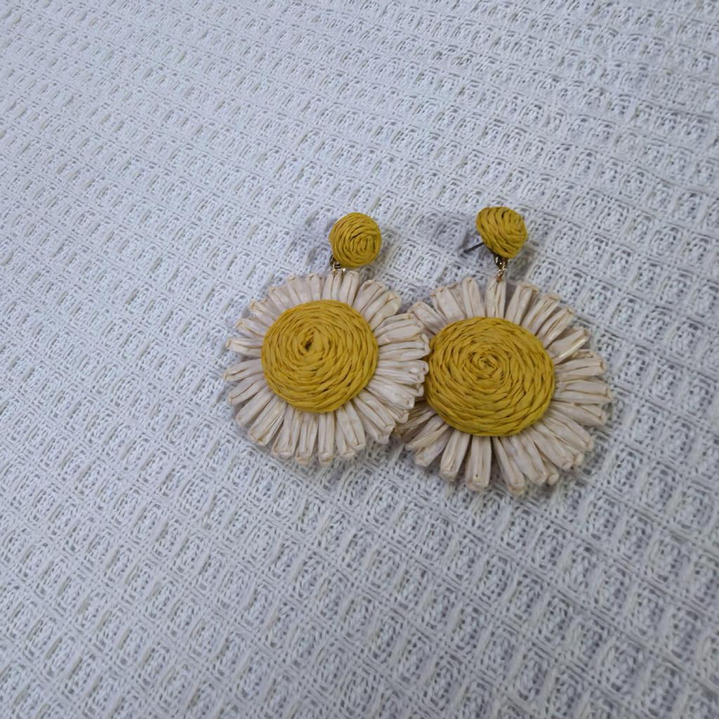 Seaside Resort Style Handmade Woven Raffia Flower Earrings