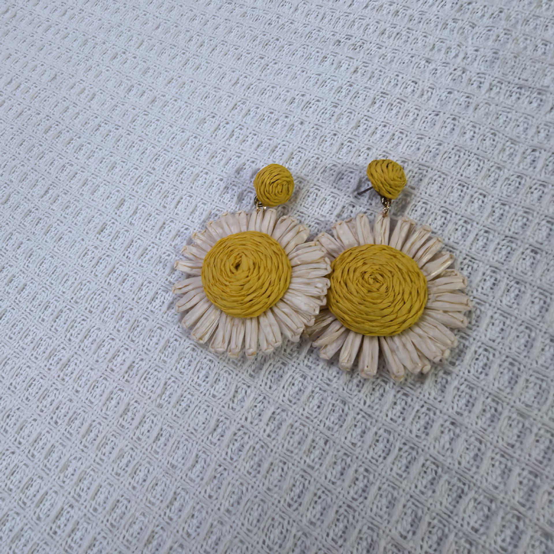 Seaside Resort Style Handmade Woven Raffia Flower Earrings