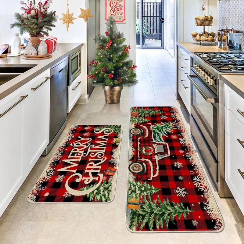 Christmas Velvet Non-Slip Water-Absorbent Floor Mat Set - Easy Clean, Dirt Resistant, Decorative Kitchen Rugs.