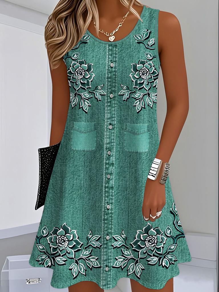 Standard dress for summer, milk thread fabric, digital print slip dress with faux denim, sleeveless straight-leg loose fit
