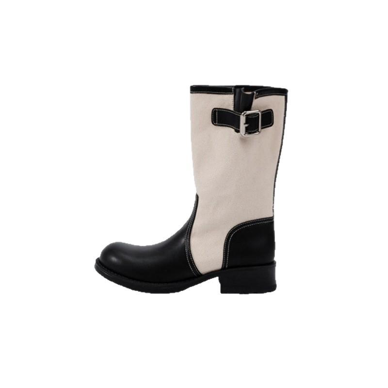 Grape British soft leather splicing thin knight boots women's belt buckle thick heel retro short boots medium boots