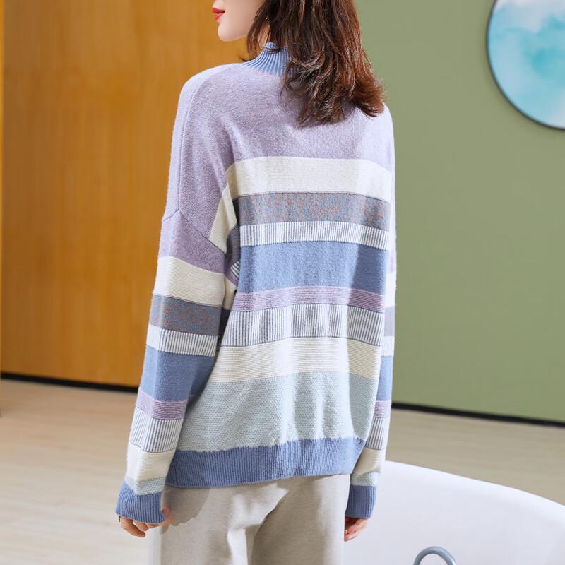 TUHUANG Women's Retro Striped Color Block Thickened Pure Wool Semi-High Neck Sweater