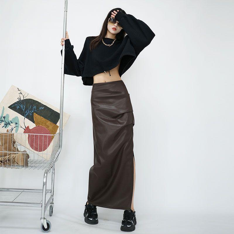 Black High Waist Folds Side Split Pu Leather Skirts For Women Autumn Winter Elegant Brown Bodycon Long Skirts