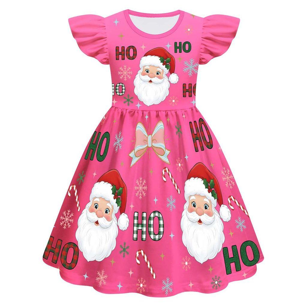 Kids Girls Cartoon Santa Claus Christmas Tree Elk Print Ruffle Sleevess New Year Dress