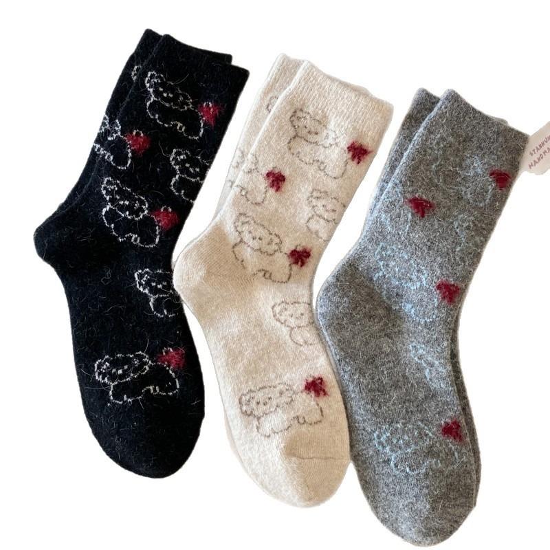 Winter Socks for Girls, Cartoon Puppy Plush Bow Wool Socks, Cute Mid-calf for Girls, Warm Girls