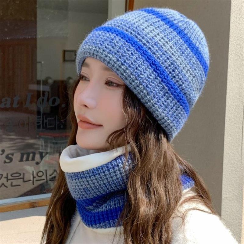 Hat Women's Winter Warm Hat Color Matching Knitted Wool Hat Thickened Scarf Set Outdoor Sports Hat