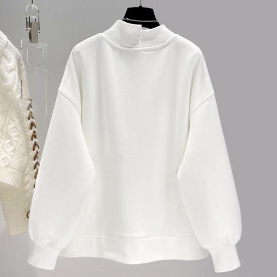 Women Solid Color Sweatshirt Half Sleeve Irregular High Collar Long Hem Pullover Tops Buttons Decor Tops Streetwear