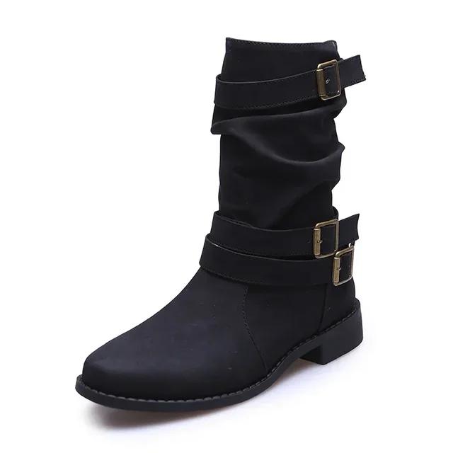Large Mid Length Retro Boots for Women, 2024 Autumn and Winter New Item, Solid Color Fashion Boots, Buckle Casual Knight Boots