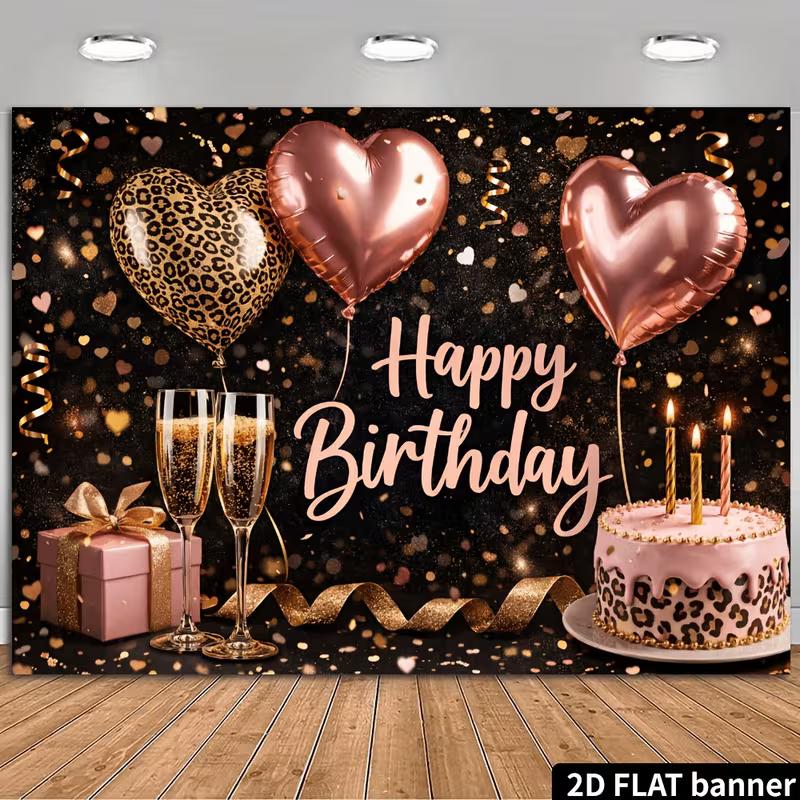

2D Leopard Rose Gold Champagne Birthday Backdrop Banner Happy Birthday Party Photo Booth Background 47.2x31.5inch/120*80cm