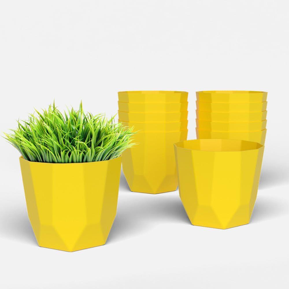 Hexa 4 Inch Pack of 12 Piece Plastic Plant Pot for Home Decor Indoor Plant Pots for Living Room Plastic Flower Pot for Garden (Yellow)