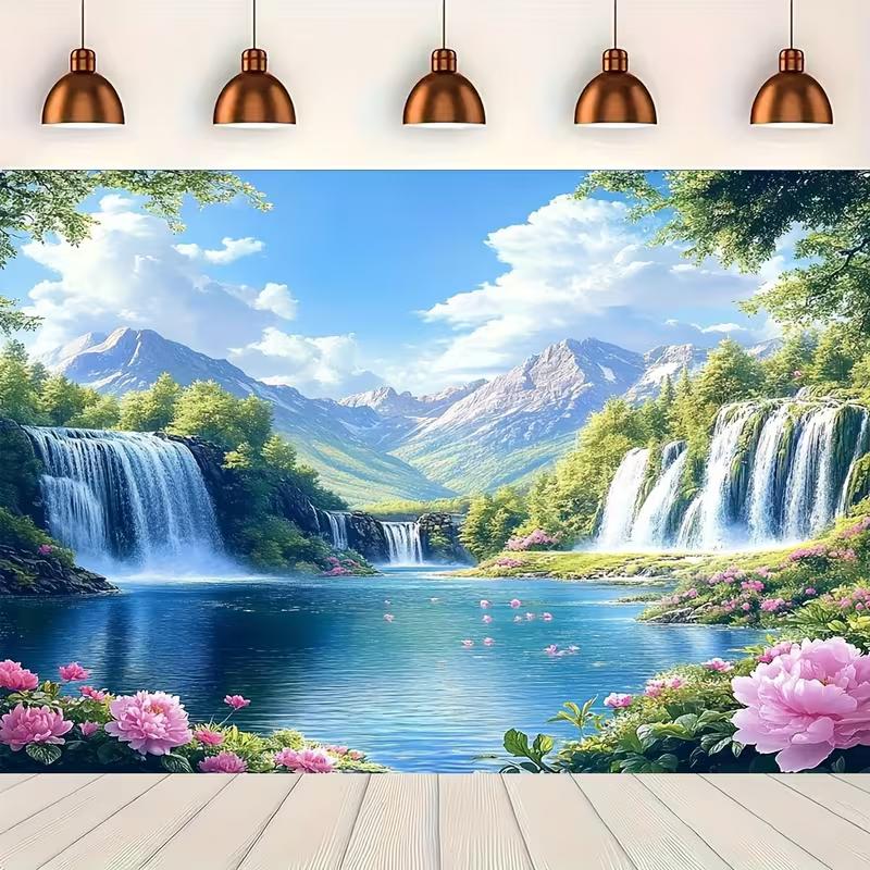 

2D Printed Waterfall Lake Scenery Backdrop, Mountain View with Pink Flowers Photo Background for Home Decor 47.2x31.5inch/120*80cm