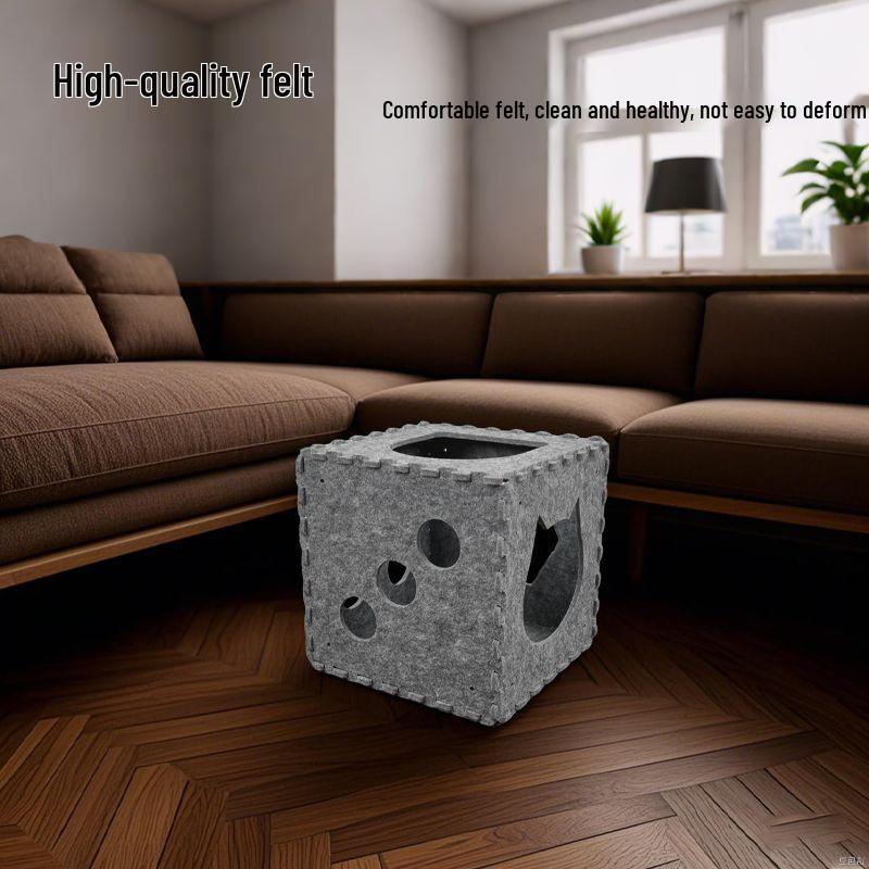 All-Season Wear-Resistant Foldable Cat Bed: Dice-Shaped, Semi-Enclosed, Warm, Detachable, Felt Pet House