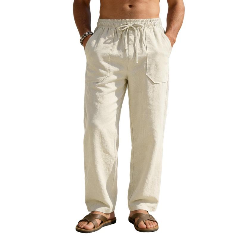 Mens Linen Blend Drawstring Elastic Waist Casual Pants
