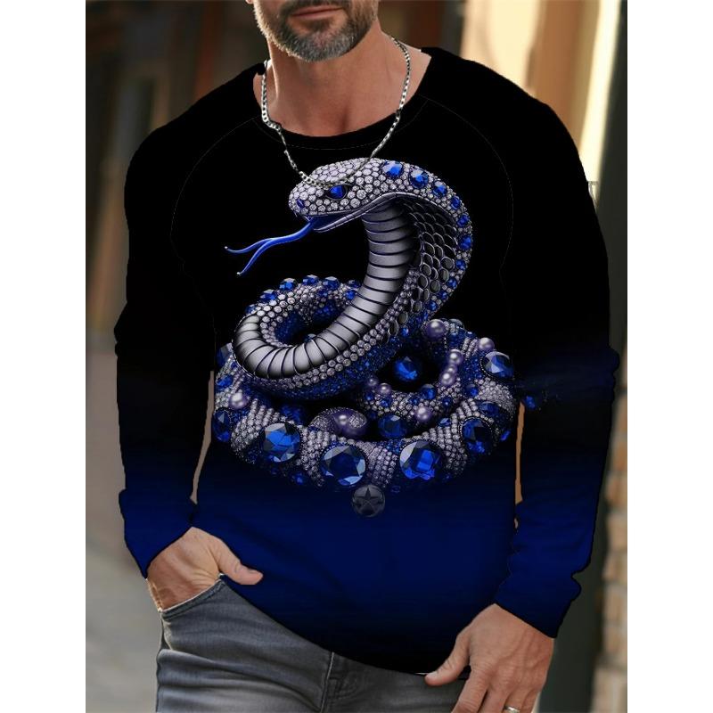 Spring and Autumn Round Neck 3D Snake Pattern Printed Top Fashionable Casual Long Sleeved Men's T-shirts