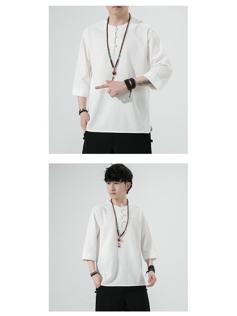 Men's Retro Plus Size Cotton Linen Hanfu T-shirt with Frog Button, Three-Quarter Sleeves