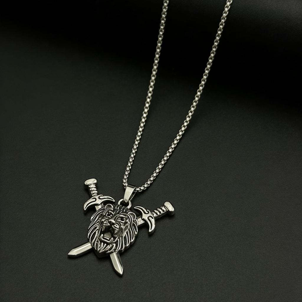 Retro Stainless Steel Lion Head Sword Pendant Necklace - European & American Hip Hop Style