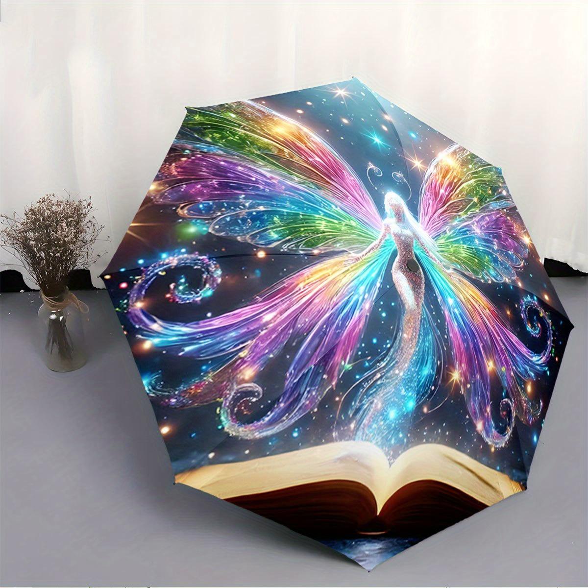 

Automatic Folding Umbrella A vibrant rainbow-winged fairy emerging from a book. Portable collapsible design, casual outdoor ac (as the picture,Iron&8K)