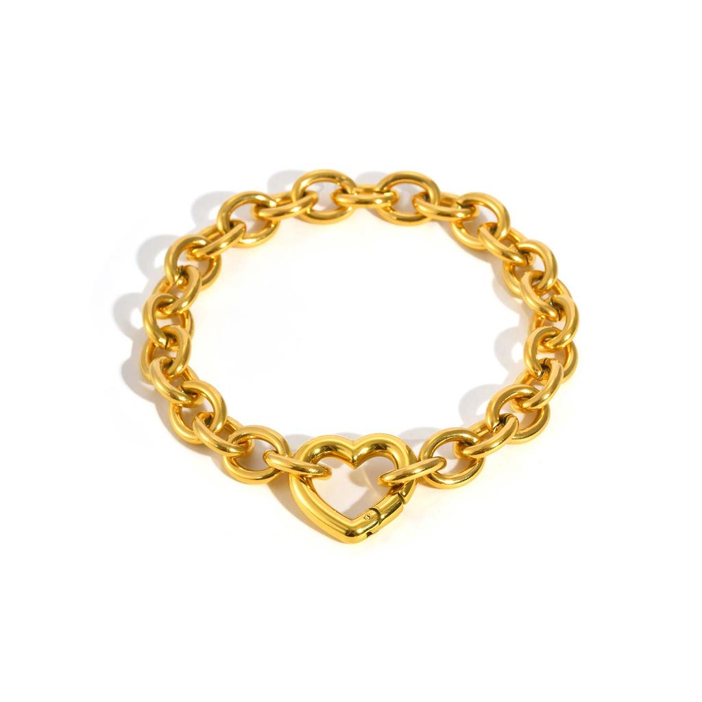 Punk Thick Chain Hollow Heart Charm Bracelets for Women, Fashion Gold Color Stainless Steel Chunk Bracelet, Jewelry for Party
