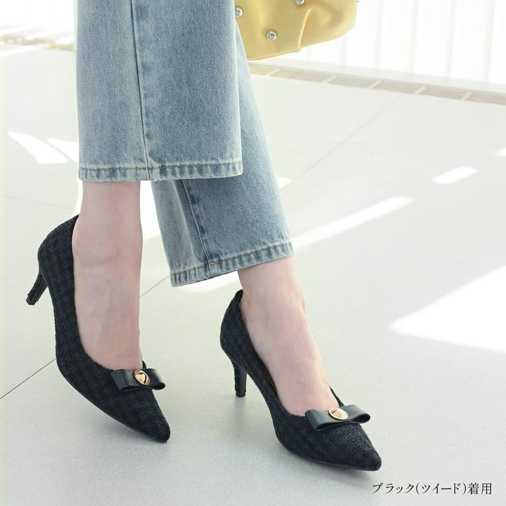 AmiAmi Women's Pointed-Toe Pumps with Ribbon Motif (Dusty Navy (Velvet), Sizes 24.5cm-25.0cm) SY033