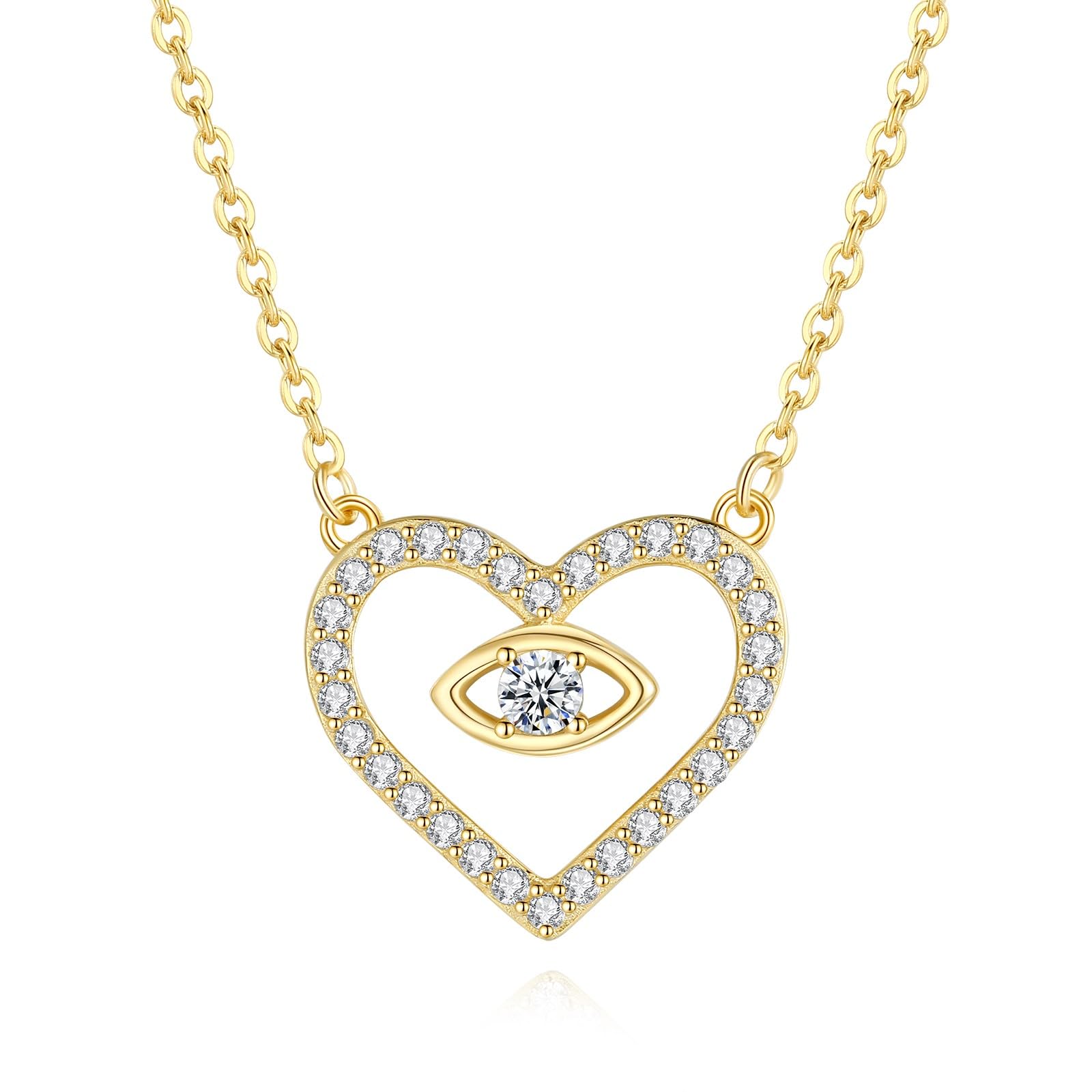 

14K Gold Sterling Silver 925 CZ Evil Eye Heart Necklace for Women [GAVU] золотий