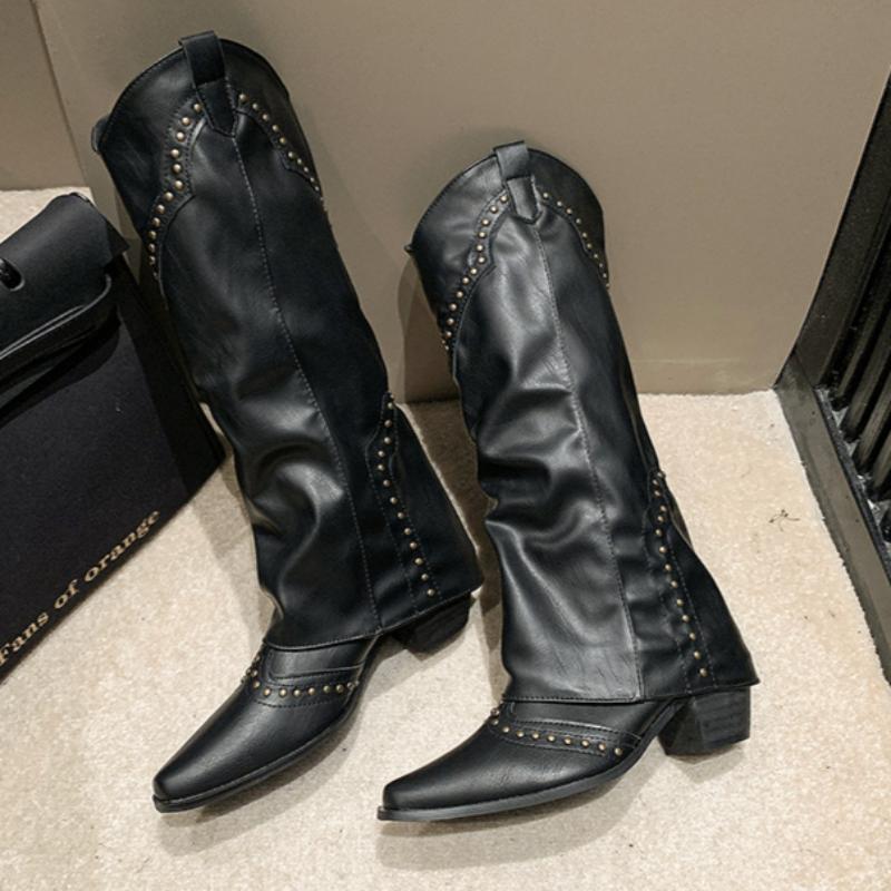 Long Boots Rivet High-top Western Cowboy Knight Boots Ladies French All-match Retro Leather Boots