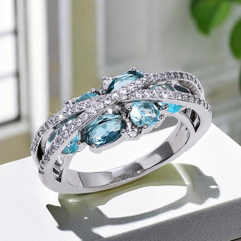 Huitan Cross Band with Blue Cubic Zirconia New Women Rings Fashion Design Female Finger Accessories Daily Wearable Party Jewelry