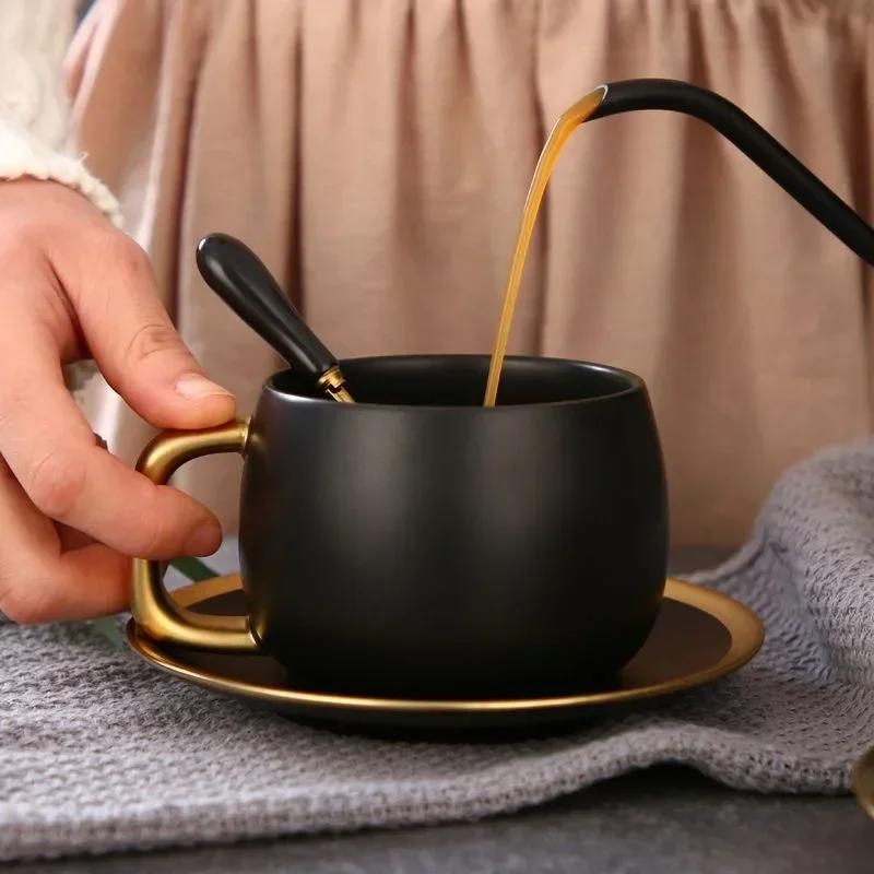 280ml Luxury Black Gold Marble Ceramic Coffee Cup Concentrated Tea Juice Breakfast Milk Cup with Plate Spoon Set Tea Set