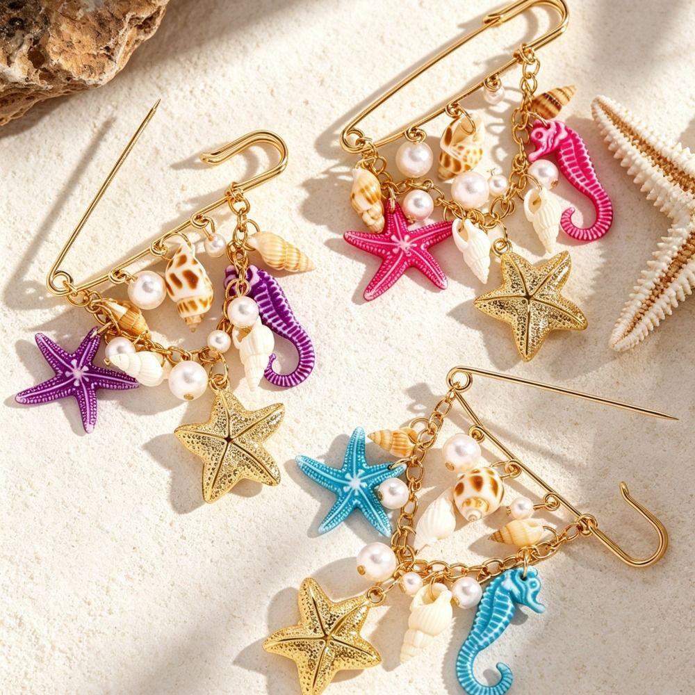 Gold Color Shell Pendant Brooch Metal Chain Tassel Starfish Brooch Pin  Beach Vacation