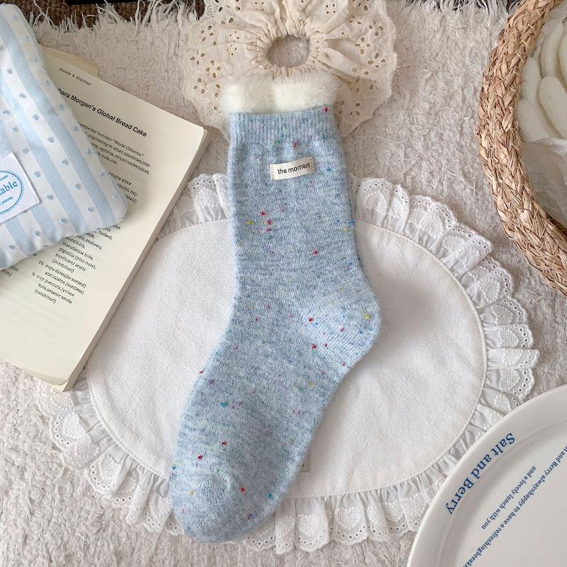 Dot Yarn Wool Socks for Women's Autumn and Winter, Letter Fabric Label Mid-calf Socks, Warm and Thickened Plush Pile Socks