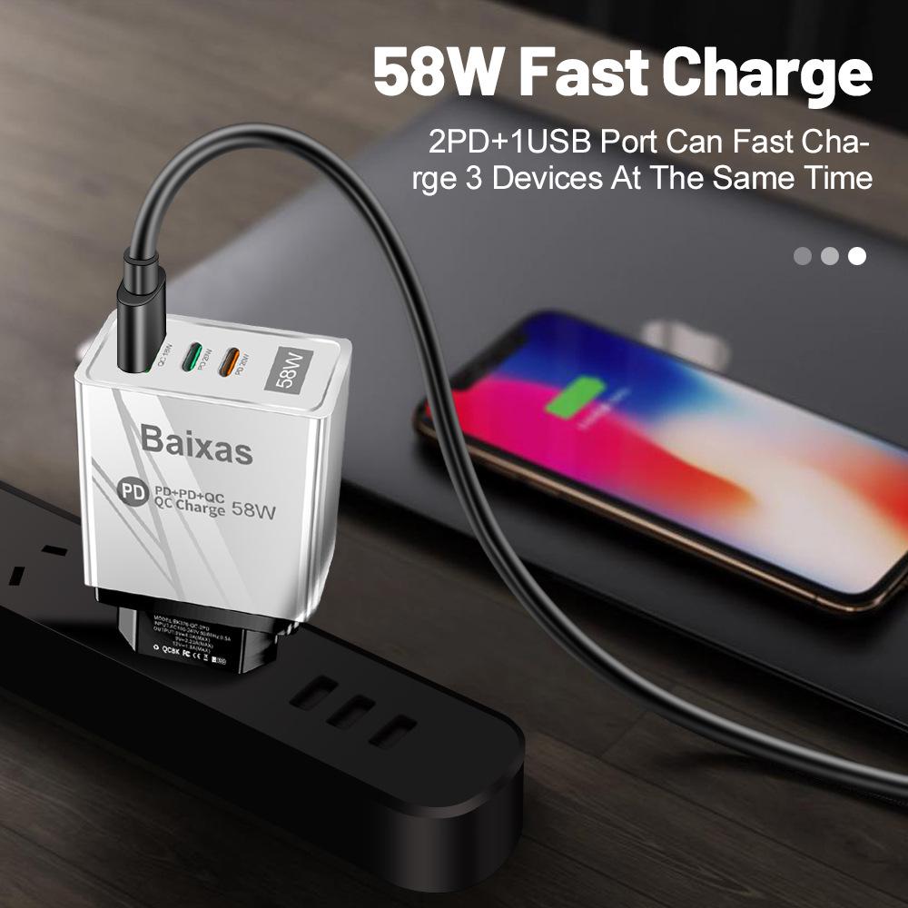 58W Dual Fast Charger with 2PD & QC3.0 for EU/US/UK